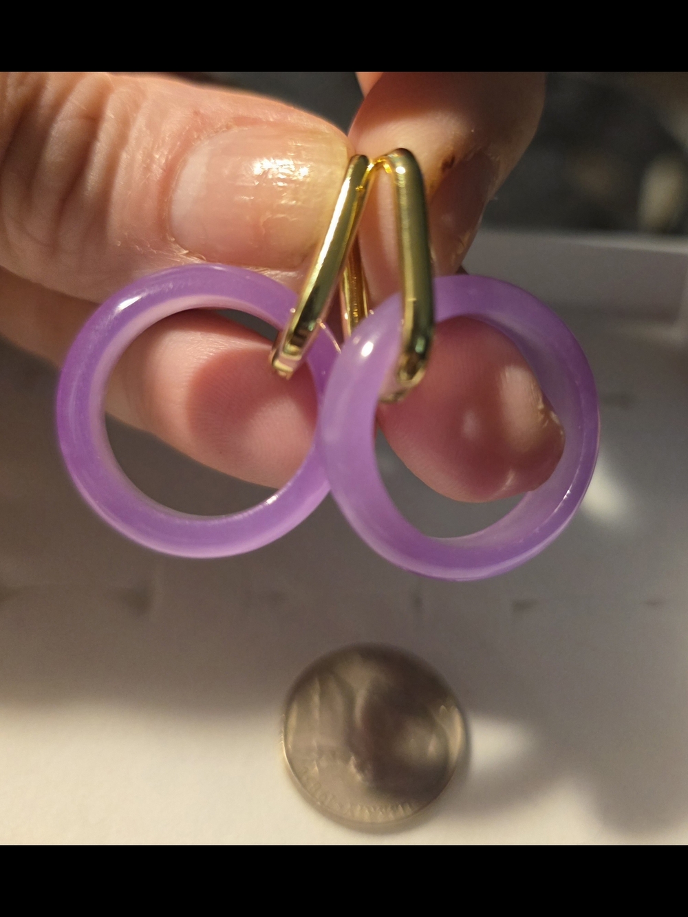 Gold Hoop Earrings with Lavender Jade Rings
